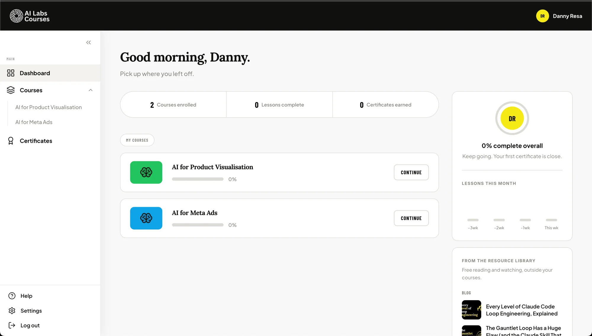 The AI Labs Courses dashboard